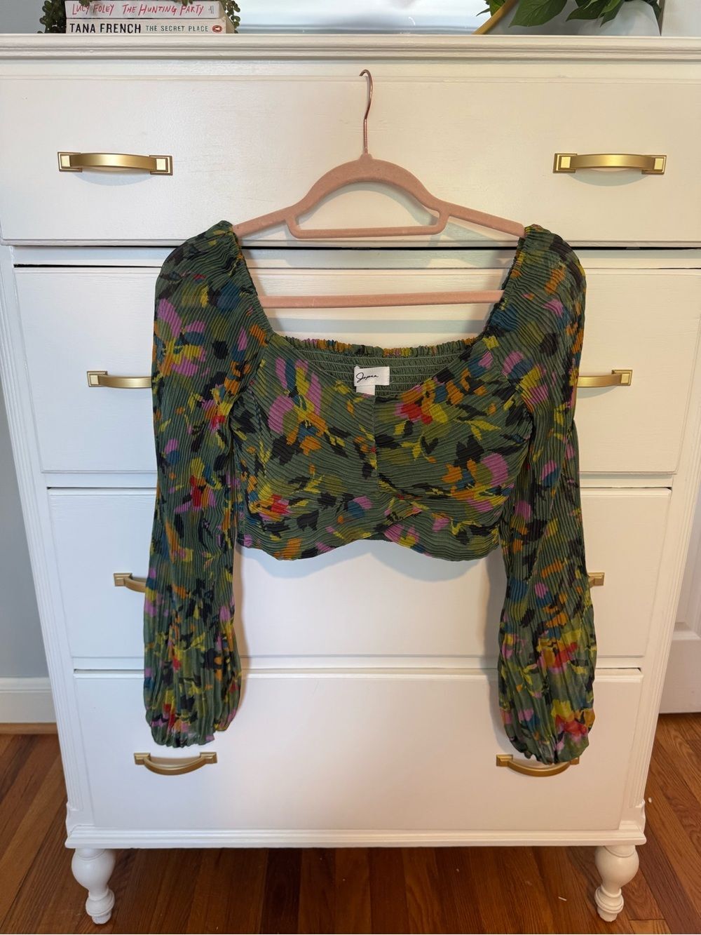 Japna Floral Long Sleeve Cropped Top Green Size S